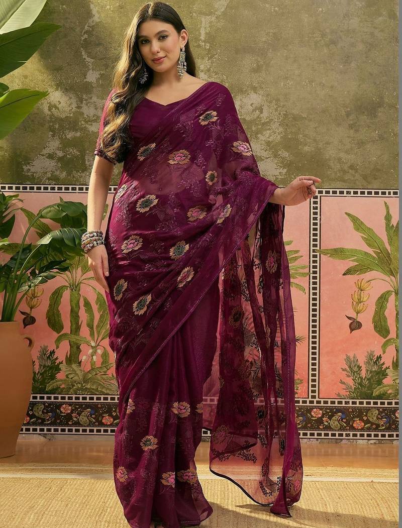Purple embroidered saree with unstitched blouse
