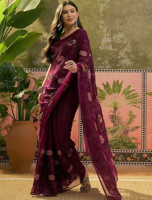 Purple embroidered saree with unstitched blouse 2