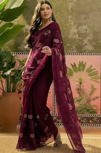 Purple embroidered saree with unstitched blouse