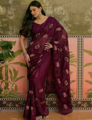 Purple embroidered saree with unstitched blouse 3