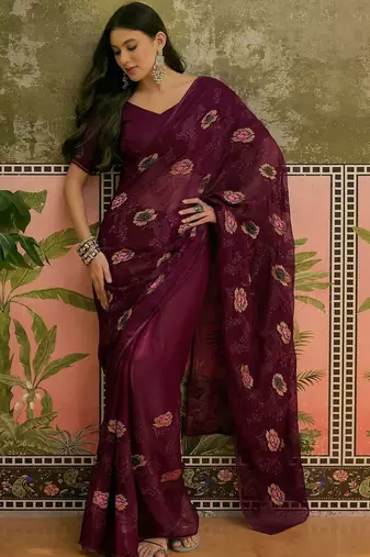 Purple embroidered saree with unstitched blouse