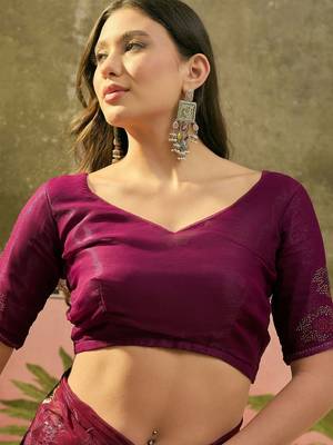 Purple embroidered saree with unstitched blouse 4