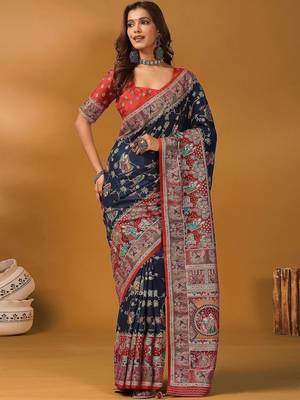 Navy blue ethnic motifs printed banarasi saree with unstitched blouse 1
