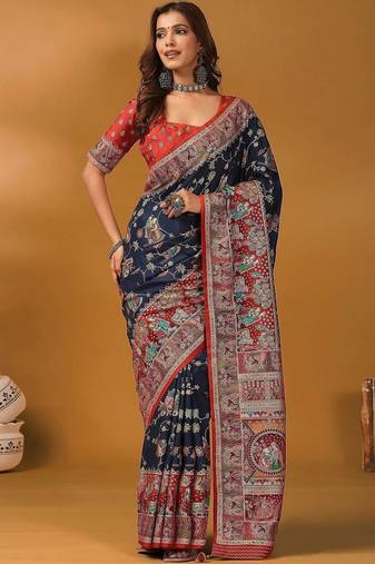 Navy blue ethnic motifs printed banarasi saree with unstitched blouse