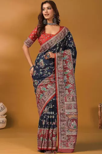 Navy blue ethnic motifs printed banarasi saree with unstitched blouse