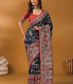 Navy blue ethnic motifs printed banarasi saree with unstitched blouse