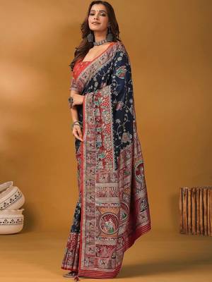 Navy blue ethnic motifs printed banarasi saree with unstitched blouse 3