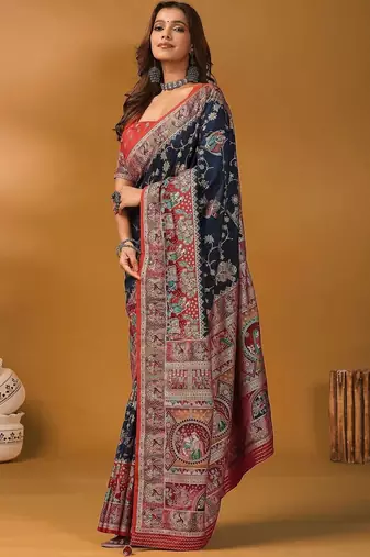 Navy blue ethnic motifs printed banarasi saree with unstitched blouse