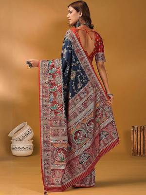 Navy blue ethnic motifs printed banarasi saree with unstitched blouse 4