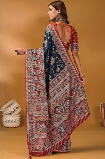 Navy blue ethnic motifs printed banarasi saree with unstitched blouse