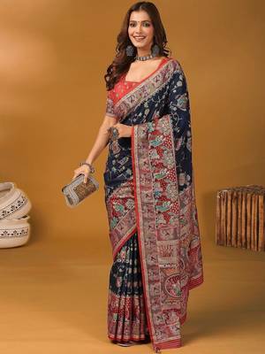 Navy blue ethnic motifs printed banarasi saree with unstitched blouse 5