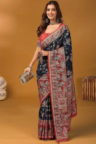 Navy blue ethnic motifs printed banarasi saree with unstitched blouse