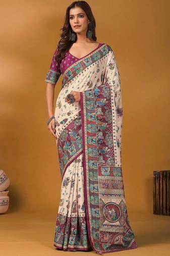 Off white ethnic motifs printed banarasi saree with unstitched blouse piece