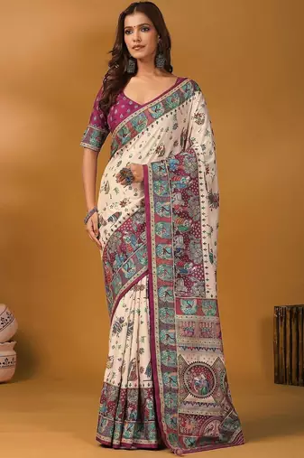 Off white ethnic motifs printed banarasi saree with unstitched blouse piece