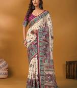Off white ethnic motifs printed banarasi saree with unstitched blouse piece