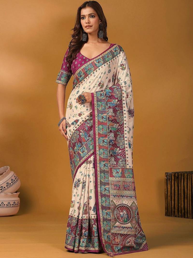 Off white ethnic motifs printed banarasi saree with unstitched blouse piece