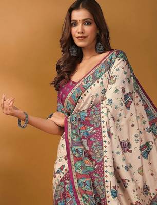 Off white ethnic motifs printed banarasi saree with unstitched blouse piece 2