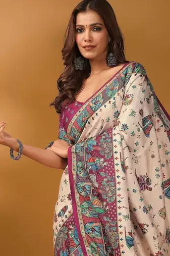 Off white ethnic motifs printed banarasi saree with unstitched blouse piece