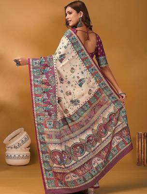 Off white ethnic motifs printed banarasi saree with unstitched blouse piece 3