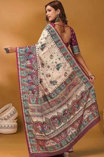 Off white ethnic motifs printed banarasi saree with unstitched blouse piece