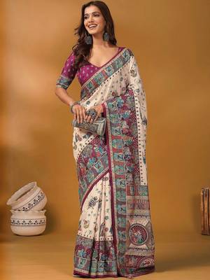 Off white ethnic motifs printed banarasi saree with unstitched blouse piece 4