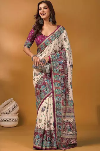 Off white ethnic motifs printed banarasi saree with unstitched blouse piece