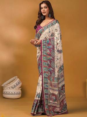 Off white ethnic motifs printed banarasi saree with unstitched blouse piece 5