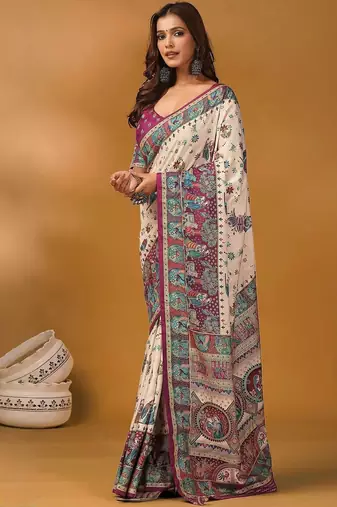 Off white ethnic motifs printed banarasi saree with unstitched blouse piece