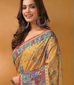 Mustard floral silk blend designer banarasi saree