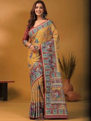 Mustard floral silk blend designer banarasi saree 2