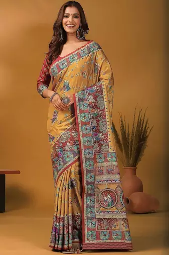 Mustard floral silk blend designer banarasi saree