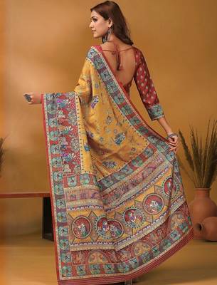 Mustard floral silk blend designer banarasi saree 3