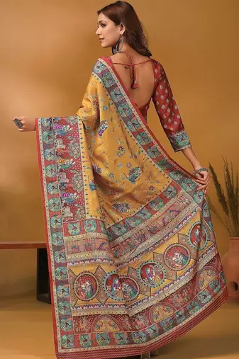 Mustard floral silk blend designer banarasi saree