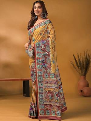 Mustard floral silk blend designer banarasi saree 4