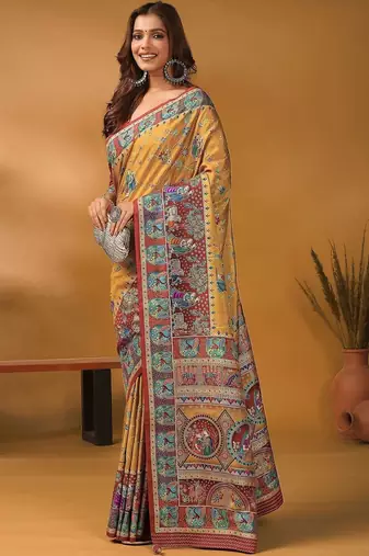 Mustard floral silk blend designer banarasi saree