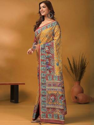 Mustard floral silk blend designer banarasi saree 5