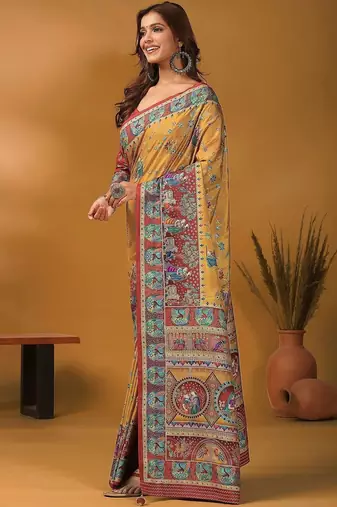 Mustard floral silk blend designer banarasi saree
