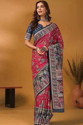 Pink floral printed banarasi saree with matching blouse