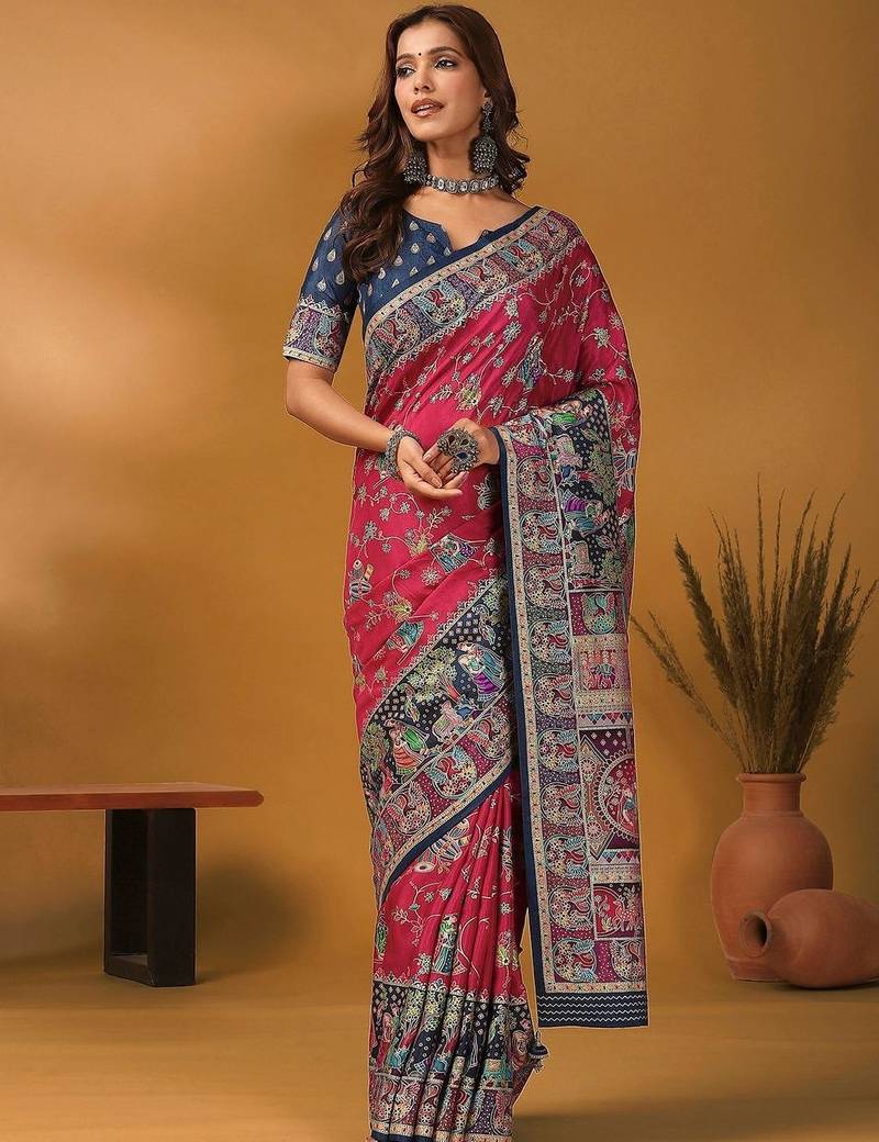 Pink floral printed banarasi saree with matching blouse