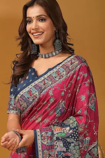 Pink floral printed banarasi saree with matching blouse