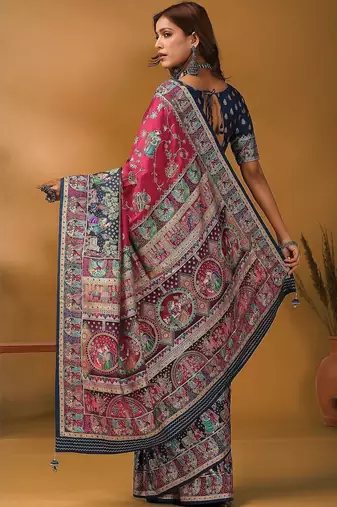 Pink floral printed banarasi saree with matching blouse