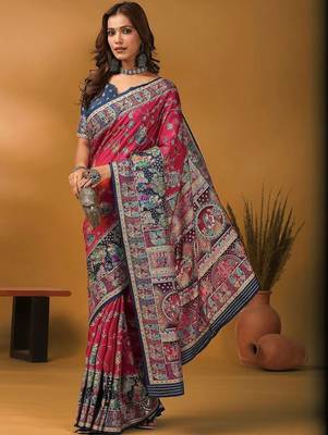 Pink floral printed banarasi saree with matching blouse 4