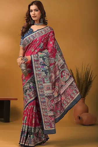 Pink floral printed banarasi saree with matching blouse