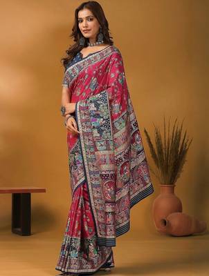 Pink floral printed banarasi saree with matching blouse 5