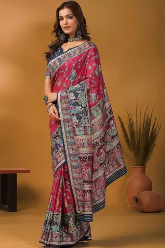 Pink floral printed banarasi saree with matching blouse