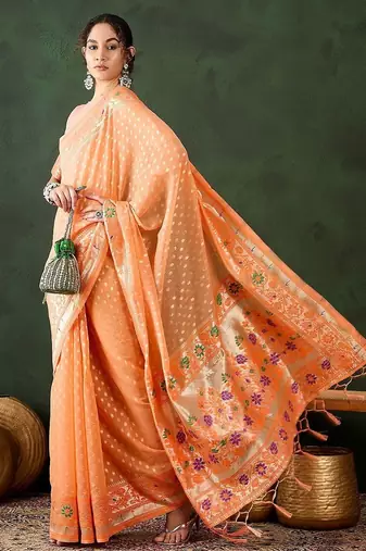 Orange woven design banarasi saree with blouse piece