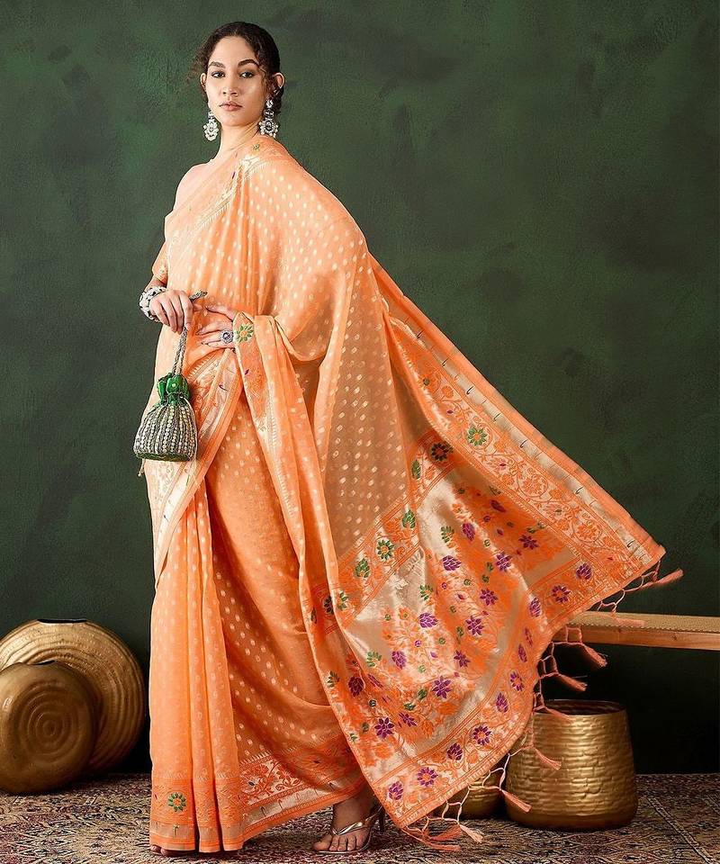 Orange woven design banarasi saree with blouse piece