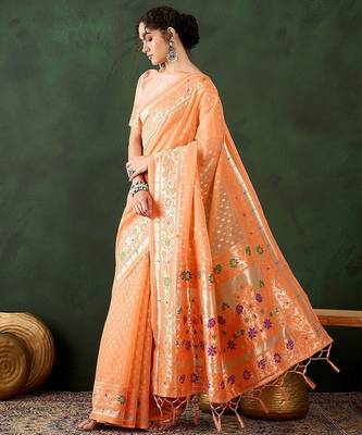 Orange woven design banarasi saree with blouse piece 3