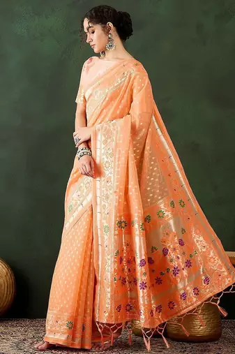 Orange woven design banarasi saree with blouse piece