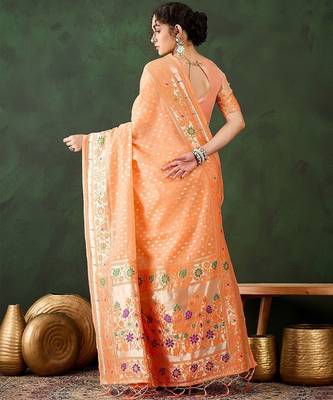 Orange woven design banarasi saree with blouse piece 4